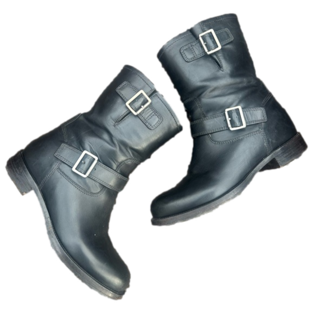 PRADA Ankle Moto Leather Combat Buckle Boot Bootie Black Womens 38.5
